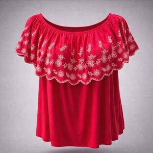 🔥🔥🔥Adrianna Papell Red Off The Shoulder Embroidered Ruffle Blouse Top Large